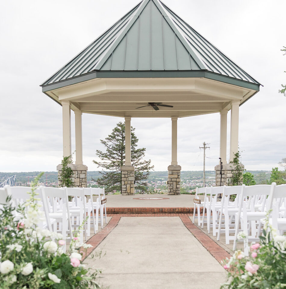 Drees Pavilion set up for a wedding ceremony in front of an overlook of Cincinnati, Ohio