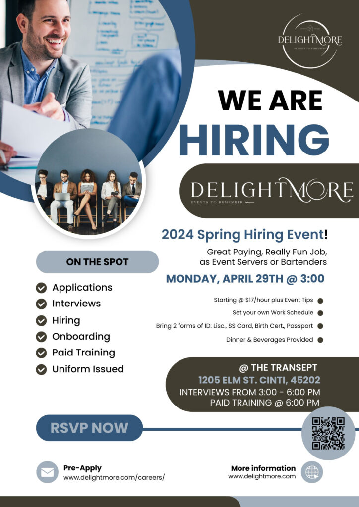 Flyer for open spring hiring event Monday, April 29th at 3pm at the Transept in Cincinnati
