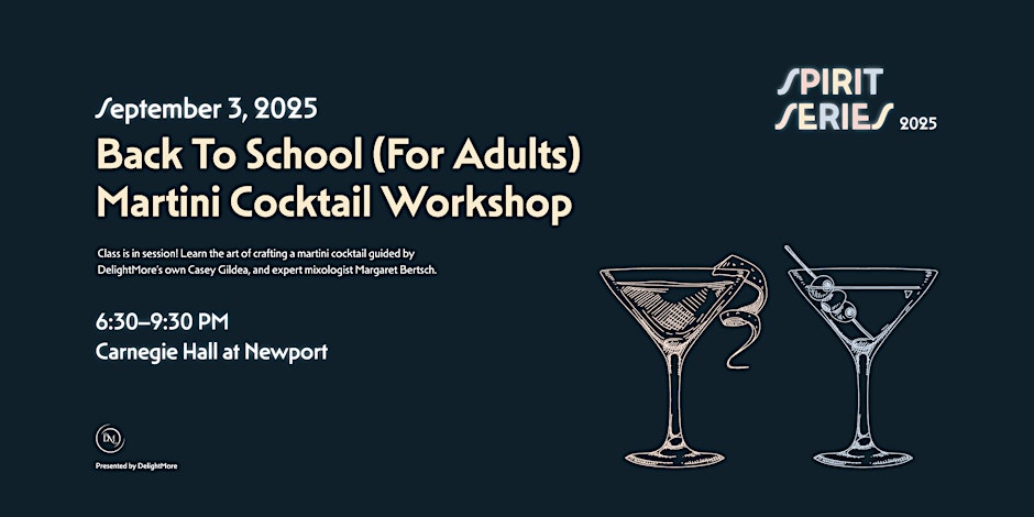 Event flyer for a martini cocktail workshop with two martini glasses and event details on a dark background.